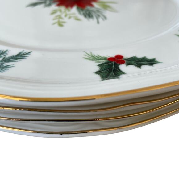 Grace Teaware Christmas Poinsettia Dinner Plates 10.25in Set 4 Holly Berry New - Picture 7 of 16